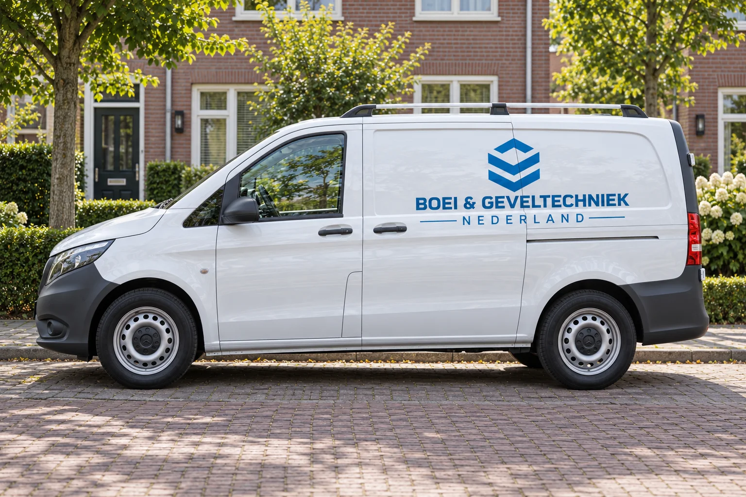 Zijaanzicht van een geparkeerde witte bestelbus met Boei en Geveltechniek-logo